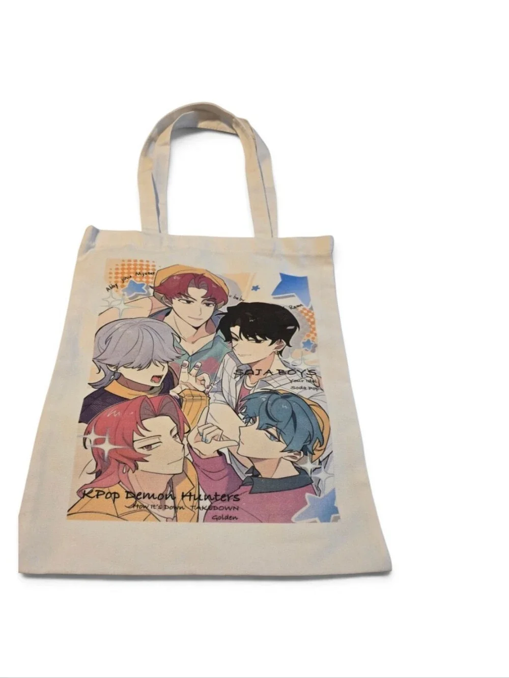 Canvas Tote Bag with Colorful Anime Print - Cream